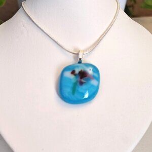 Handcrafted sculptured iris pendant OOAK floral fused glass jewelry + necklace